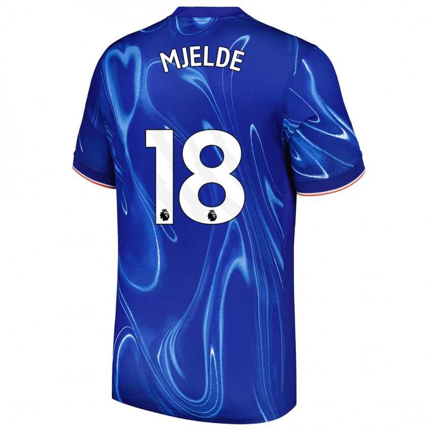 Enfant Maillot Maren Mjelde #18 Bleu Blanc Tenues Domicile 2024/25 T-Shirt Belgique