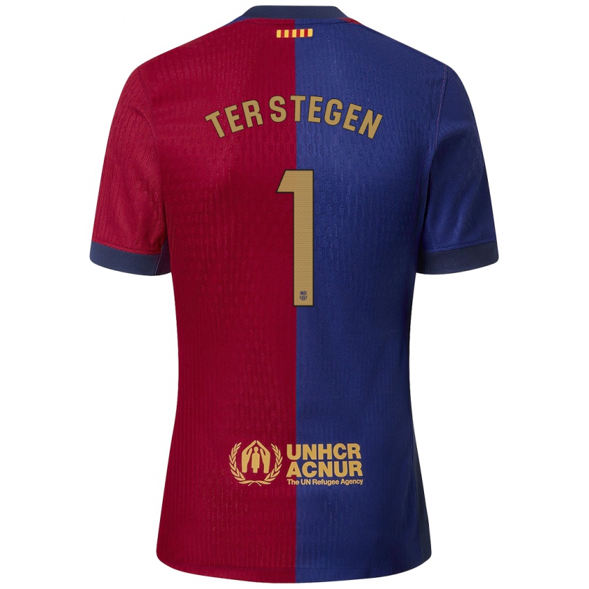 Enfant Maillot Marc-Andre Ter Stegen #1 Bleu Rouge Tenues Domicile 2024/25 T-Shirt Belgique