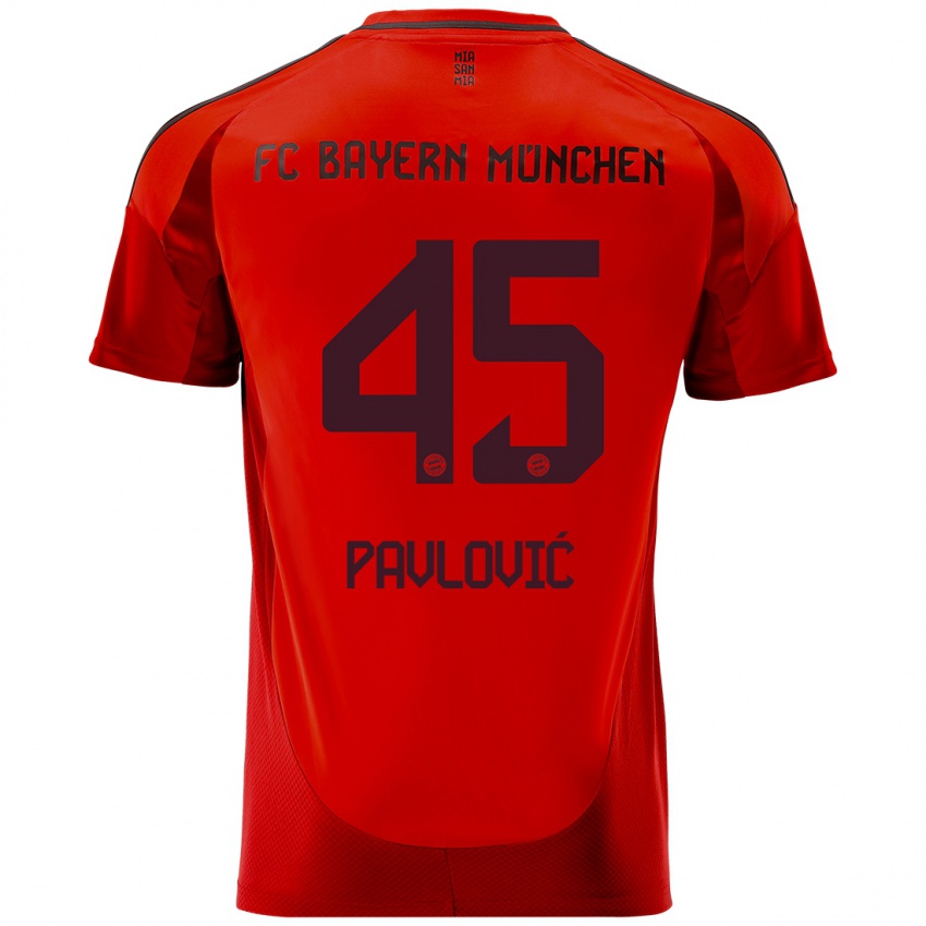 Enfant Maillot Aleksandar Pavlovic #45 Rouge Tenues Domicile 2024/25 T-Shirt Belgique