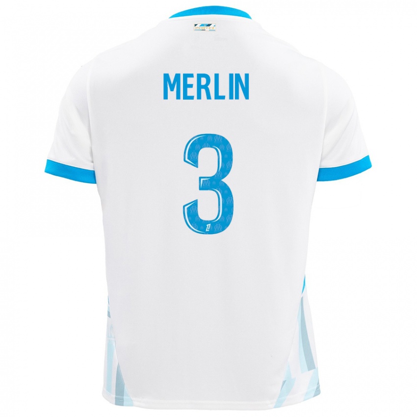 Enfant Maillot Quentin Merlin #3 Blanc Bleu Ciel Tenues Domicile 2024/25 T-Shirt Belgique