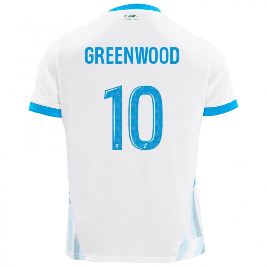 Enfant Maillot Mason Greenwood #10 Blanc Bleu Ciel Tenues Domicile 2024/25 T-Shirt Belgique