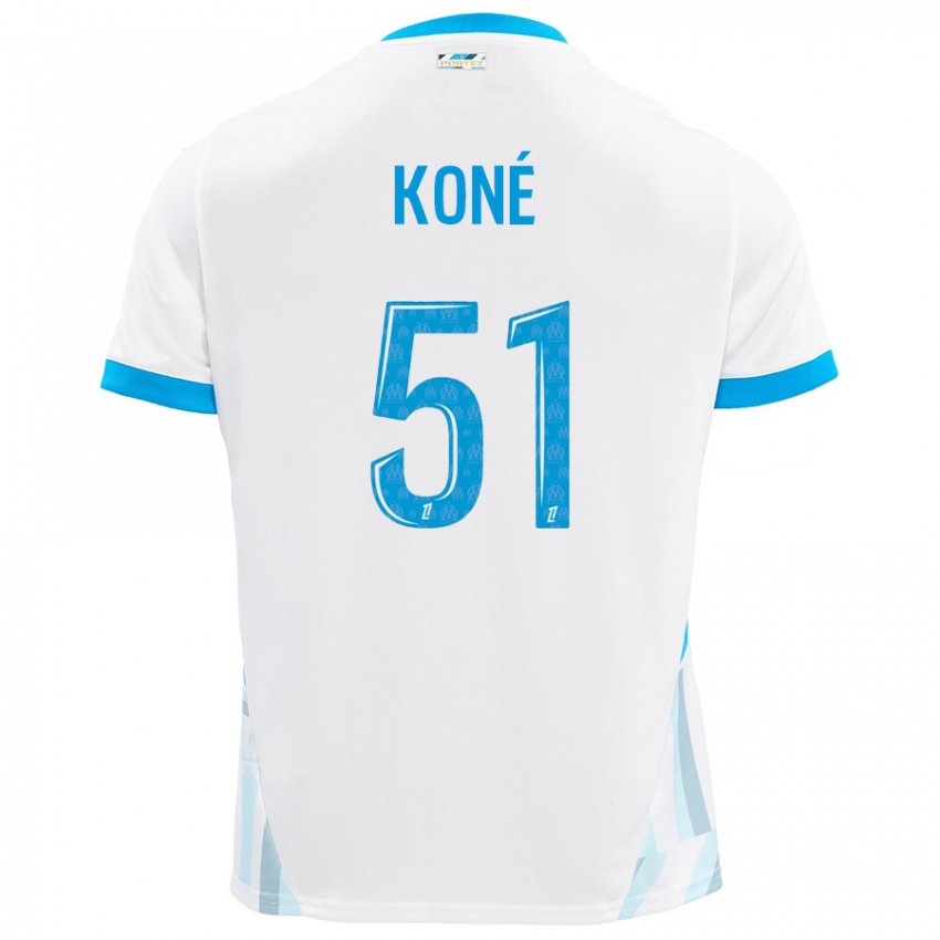 Enfant Maillot Ismaël Koné #51 Blanc Bleu Ciel Tenues Domicile 2024/25 T-Shirt Belgique