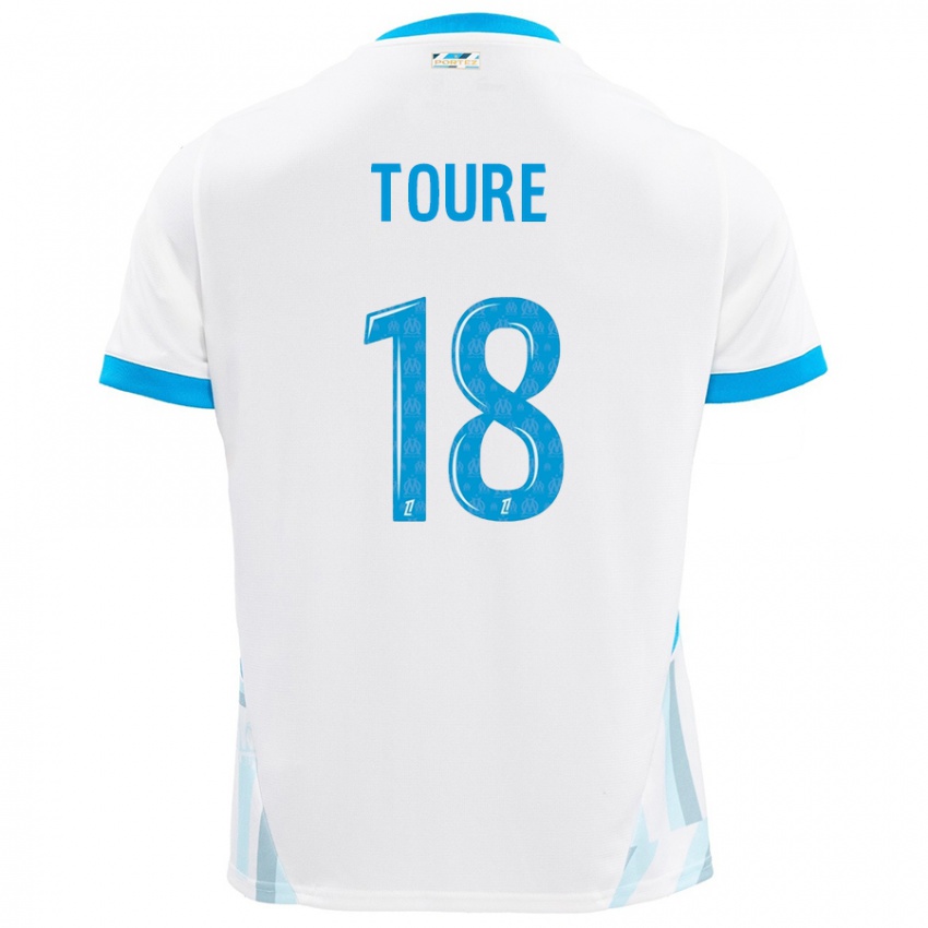 Enfant Maillot Isaak Toure #18 Blanc Bleu Ciel Tenues Domicile 2024/25 T-Shirt Belgique