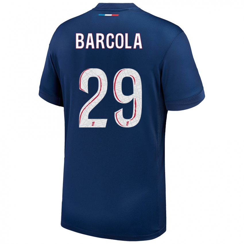 Enfant Maillot Bradley Barcola #29 Bleu Marine Blanc Tenues Domicile 2024/25 T-Shirt Belgique