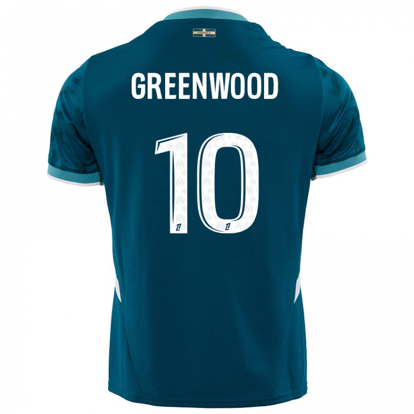 Enfant Maillot Mason Greenwood #10 Turquoise Bleu Tenues Extérieur 2024/25 T-Shirt Belgique