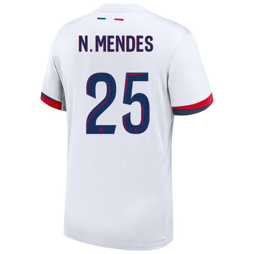 Enfant Maillot Nuno Mendes #25 Blanc Bleu Rouge Tenues Extérieur 2024/25 T-Shirt Belgique