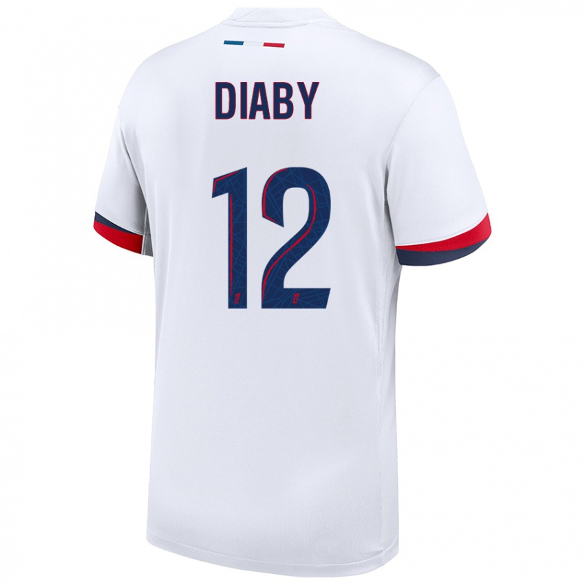 Enfant Maillot Ibrahima Diaby #12 Blanc Bleu Rouge Tenues Extérieur 2024/25 T-Shirt Belgique