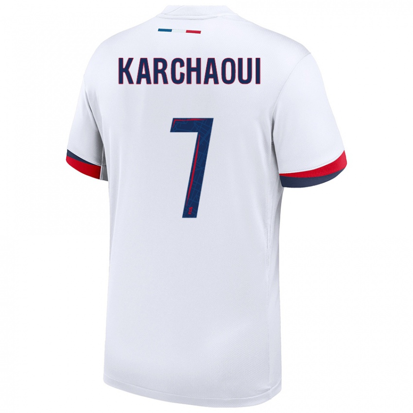 Enfant Maillot Sakina Karchaoui #7 Blanc Bleu Rouge Tenues Extérieur 2024/25 T-Shirt Belgique