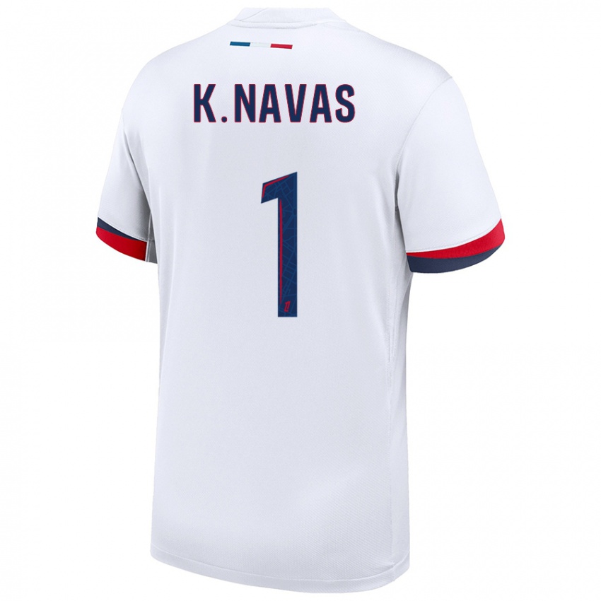 Enfant Maillot Keylor Navas #1 Blanc Bleu Rouge Tenues Extérieur 2024/25 T-Shirt Belgique