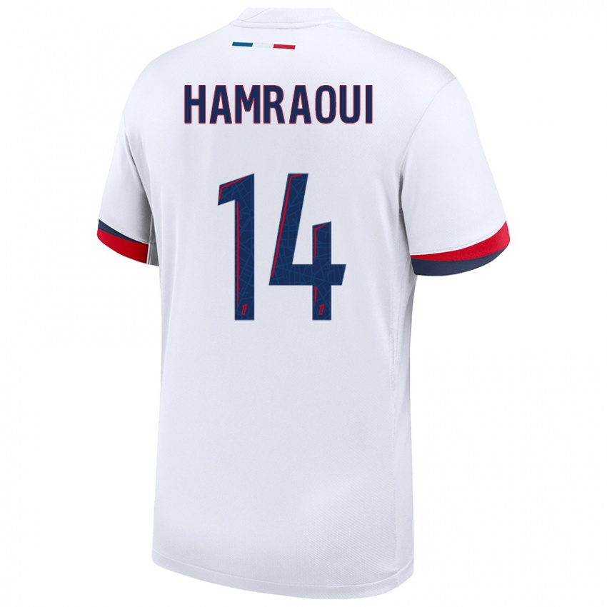 Enfant Maillot Kheira Hamraoui #14 Blanc Bleu Rouge Tenues Extérieur 2024/25 T-Shirt Belgique