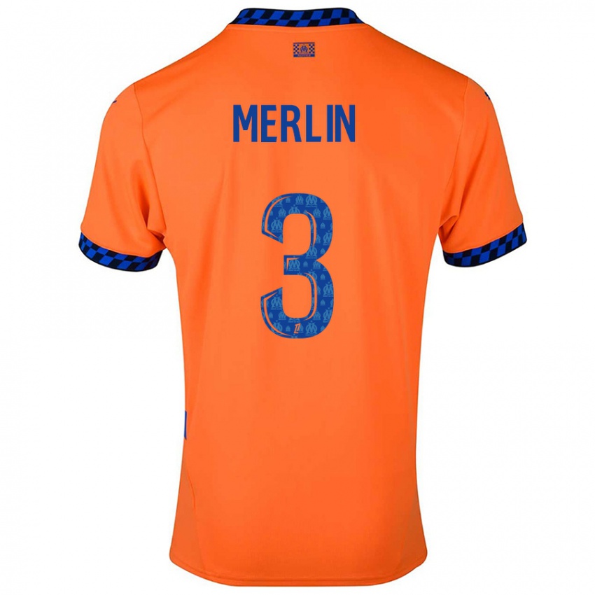 Enfant Maillot Quentin Merlin #3 Orange Bleu Foncé Troisieme 2024/25 T-Shirt Belgique