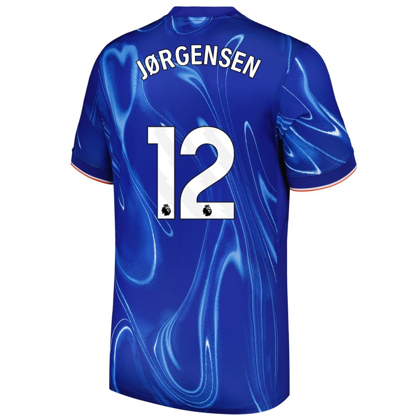 Homme Maillot Filip Jørgensen #12 Bleu Blanc Tenues Domicile 2024/25 T-Shirt Belgique