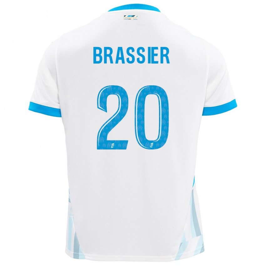 Homme Maillot Lilian Brassier #20 Blanc Bleu Ciel Tenues Domicile 2024/25 T-Shirt Belgique