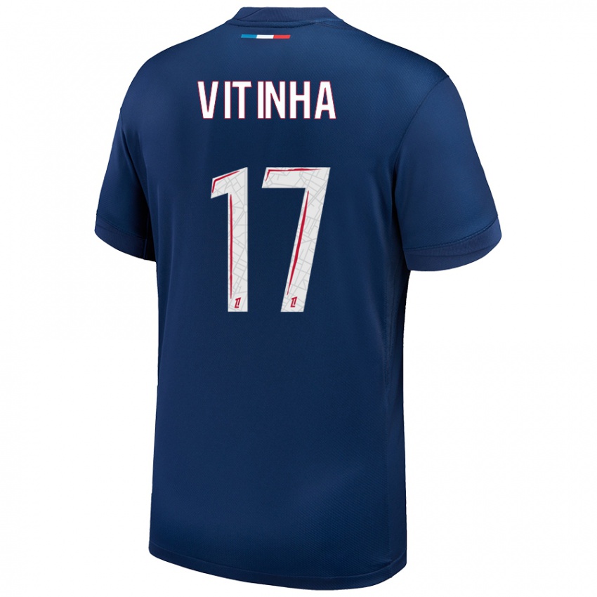 Homme Maillot Vitinha #17 Bleu Marine Blanc Tenues Domicile 2024/25 T-Shirt Belgique