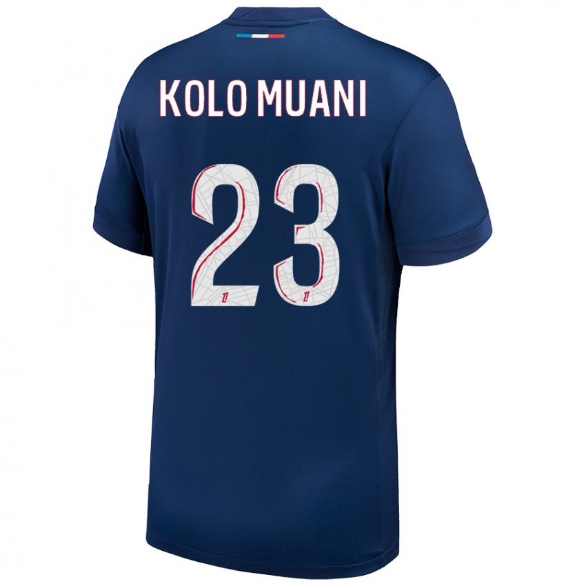 Herren Randal Kolo Muani #23 Marineblau Weiß Heimtrikot Trikot 2024/25 T-Shirt Belgien