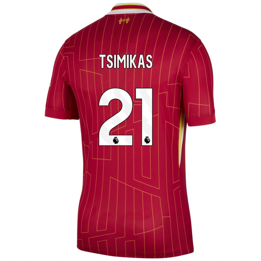 Dames Konstantinos Tsimikas #21 Rood Geel Wit Thuisshirt Thuistenue 2024/25 T-Shirt België