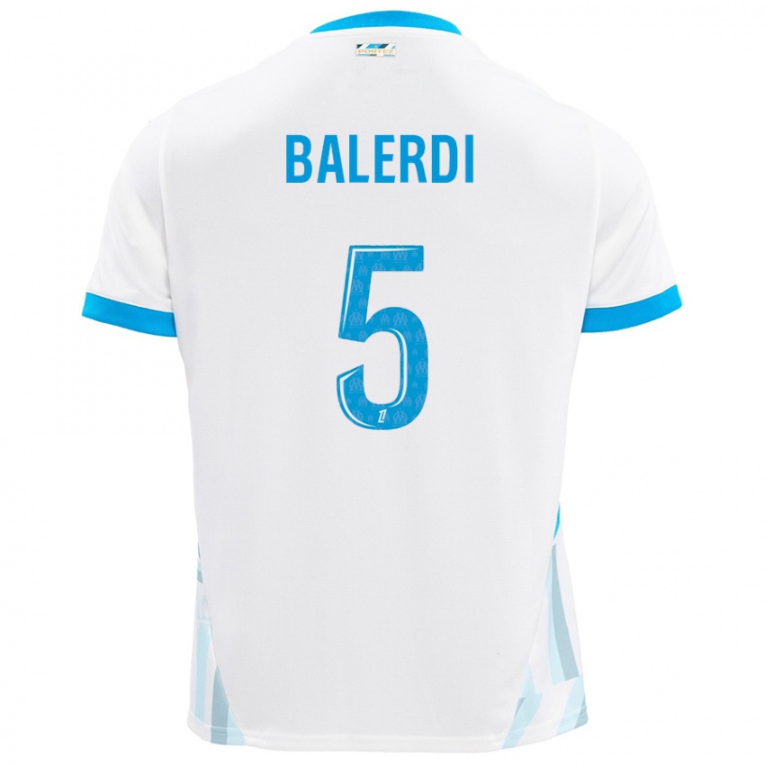 Femme Maillot Leonardo Balerdi #5 Blanc Bleu Ciel Tenues Domicile 2024/25 T-Shirt Belgique