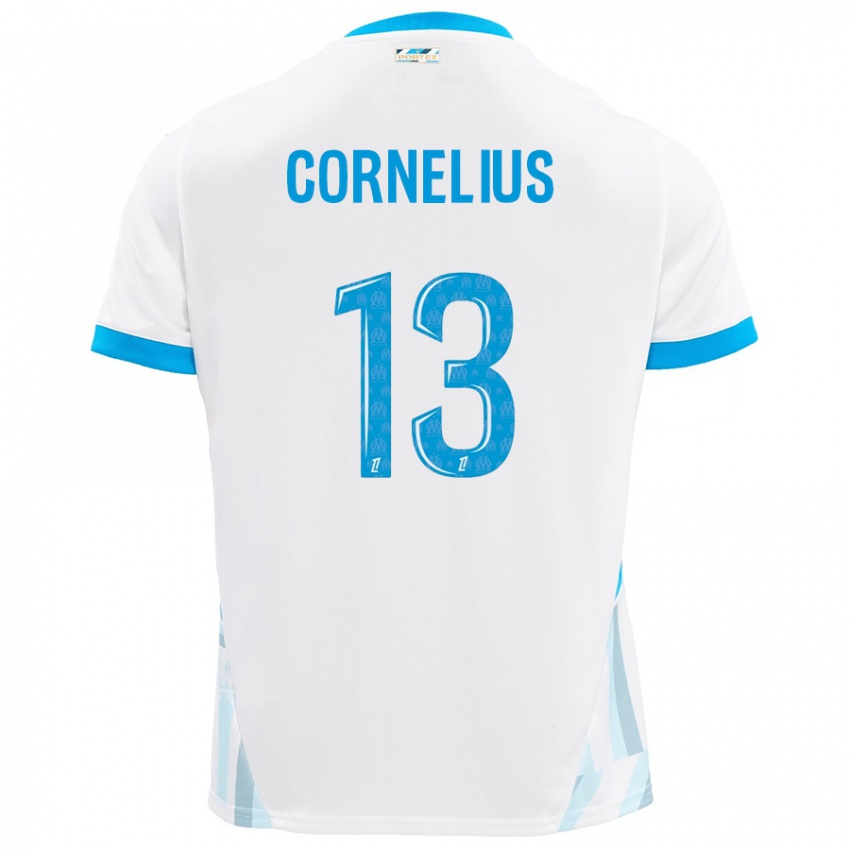 Femme Maillot Derek Cornelius #13 Blanc Bleu Ciel Tenues Domicile 2024/25 T-Shirt Belgique