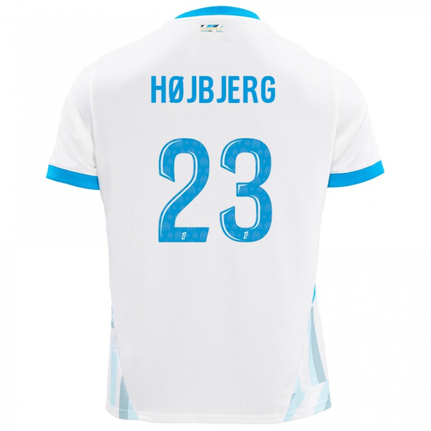 Femme Maillot Pierre Emile Hojbjerg #23 Blanc Bleu Ciel Tenues Domicile 2024/25 T-Shirt Belgique