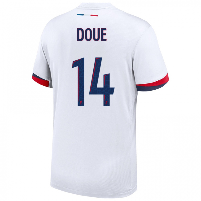 Femme Maillot Désiré Doué #14 Blanc Bleu Rouge Tenues Extérieur 2024/25 T-Shirt Belgique