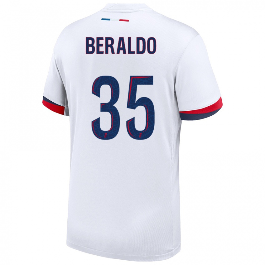 Femme Maillot Lucas Beraldo #35 Blanc Bleu Rouge Tenues Extérieur 2024/25 T-Shirt Belgique