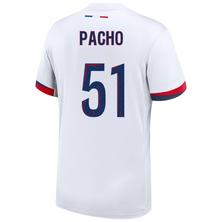 Femme Maillot Willian Pacho #51 Blanc Bleu Rouge Tenues Extérieur 2024/25 T-Shirt Belgique