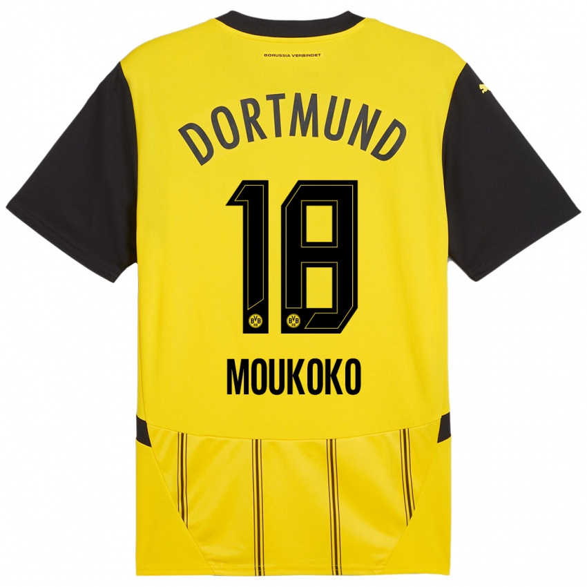 Enfant Maillot Youssoufa Moukoko #18 Jaune Noir Tenues Domicile 2024/25 T-Shirt Belgique