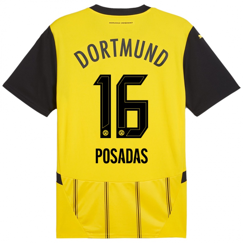 Enfant Maillot Leonardo Posadas #16 Jaune Noir Tenues Domicile 2024/25 T-Shirt Belgique