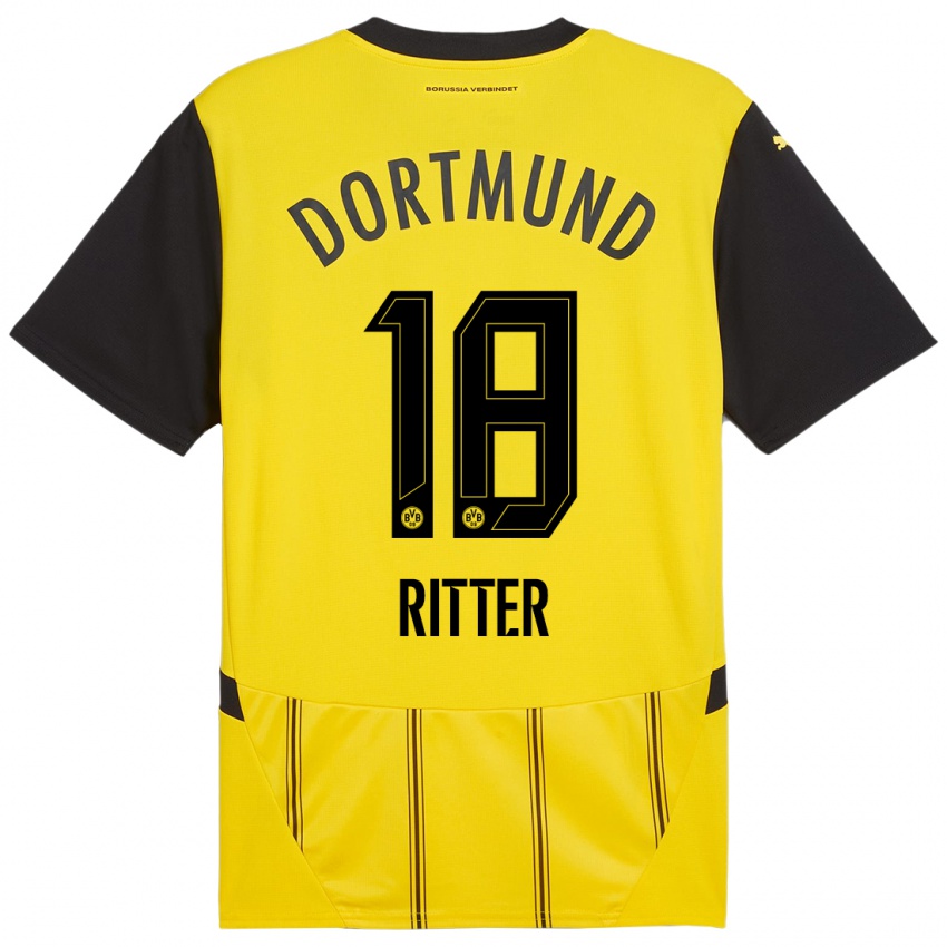 Enfant Maillot Roméo Ritter #18 Jaune Noir Tenues Domicile 2024/25 T-Shirt Belgique