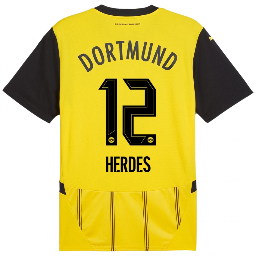 Enfant Maillot Leon Herdes #12 Jaune Noir Tenues Domicile 2024/25 T-Shirt Belgique