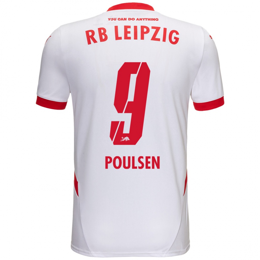 Enfant Maillot Yussuf Poulsen #9 Blanc Rouge Tenues Domicile 2024/25 T-Shirt Belgique