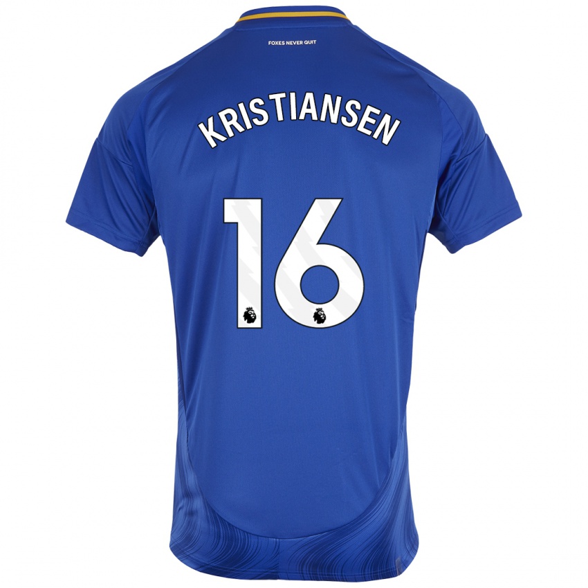 Enfant Maillot Victor Kristiansen #16 Bleu Blanc Tenues Domicile 2024/25 T-Shirt Belgique