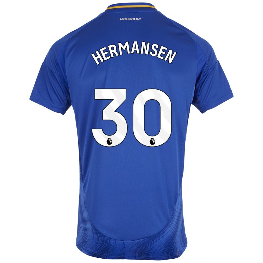 Enfant Maillot Mads Hermansen #30 Bleu Blanc Tenues Domicile 2024/25 T-Shirt Belgique