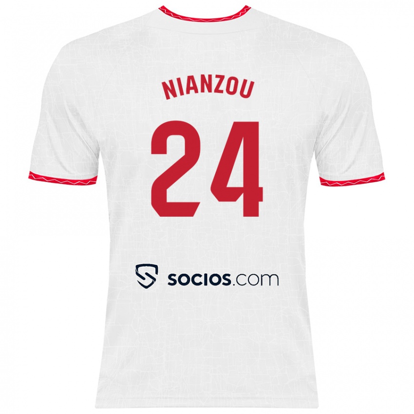 Enfant Maillot Tanguy Nianzou #24 Blanc Rouge Tenues Domicile 2024/25 T-Shirt Belgique