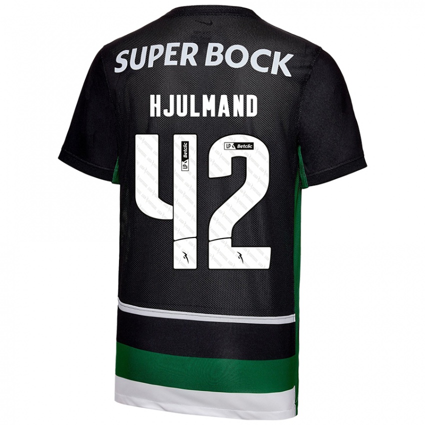 Enfant Maillot Morten Hjulmand #42 Noir Blanc Vert Tenues Domicile 2024/25 T-Shirt Belgique