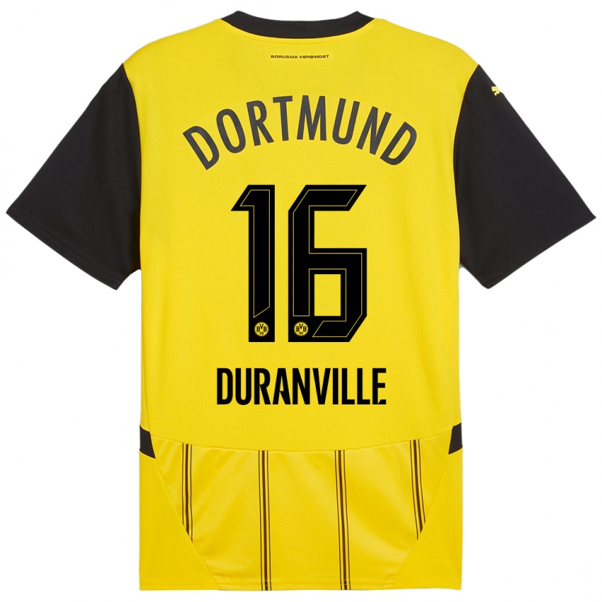 Homme Maillot Julien Duranville #16 Jaune Noir Tenues Domicile 2024/25 T-Shirt Belgique