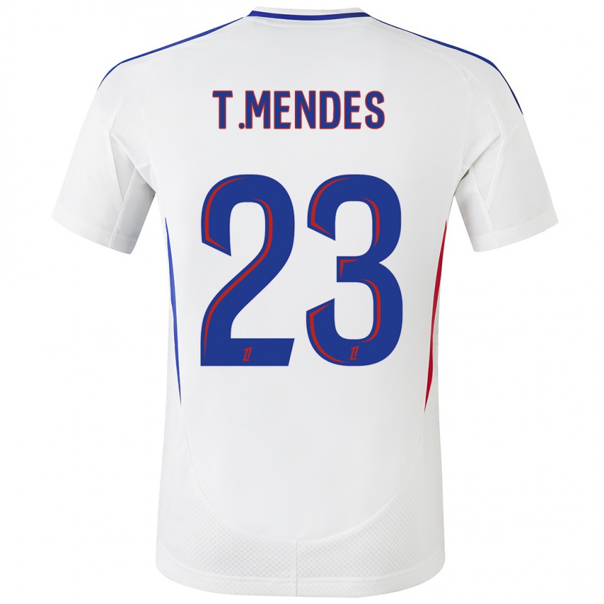 Homme Maillot Thiago Mendes #23 Blanc Bleu Tenues Domicile 2024/25 T-Shirt Belgique