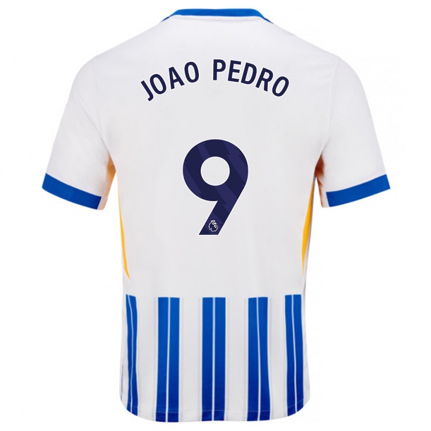 Homme Maillot João Pedro #9 Blanc Bleu À Rayures Fines Tenues Domicile 2024/25 T-Shirt Belgique