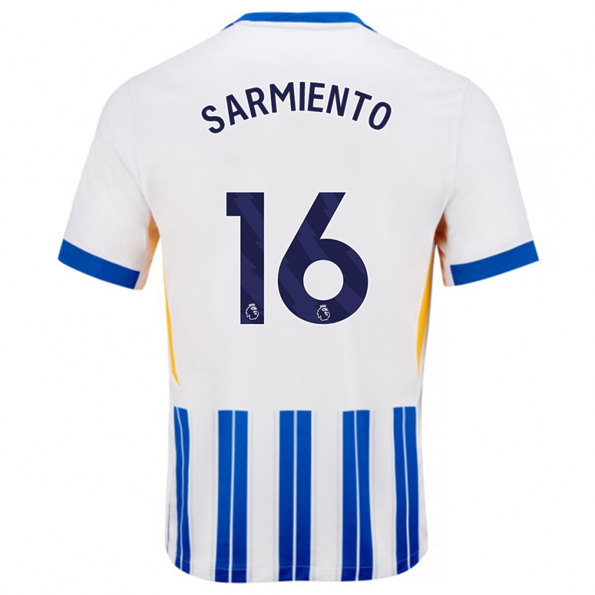 Homme Maillot Jeremy Sarmiento #16 Blanc Bleu À Rayures Fines Tenues Domicile 2024/25 T-Shirt Belgique