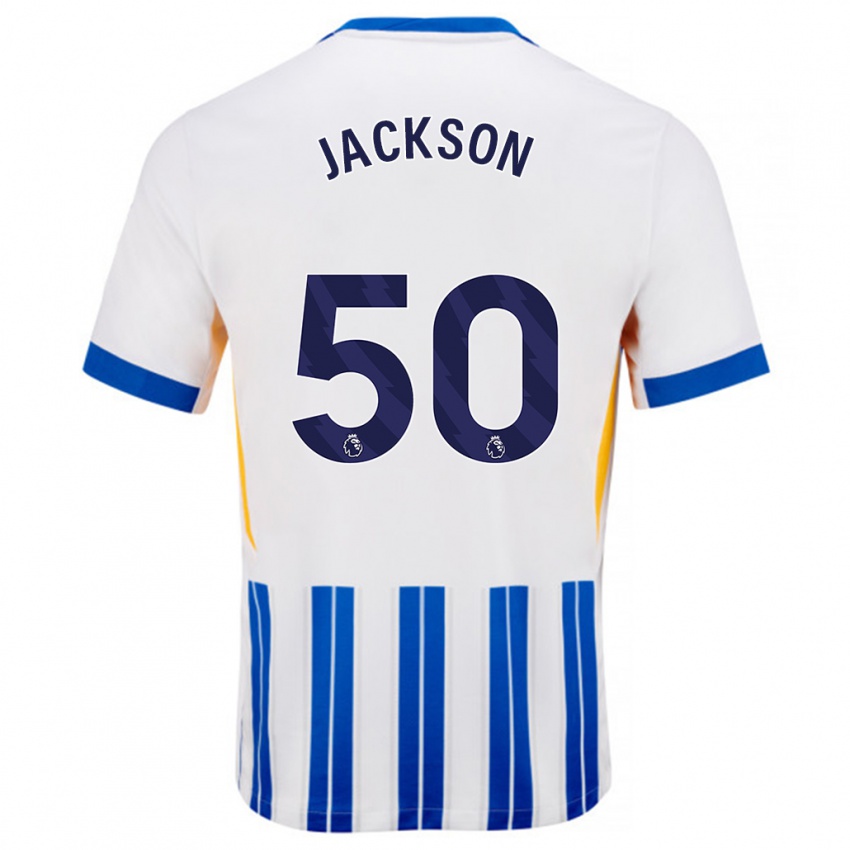 Herren Ben Jackson #50 Weiß Blaue Nadelstreifen Heimtrikot Trikot 2024/25 T-Shirt Belgien