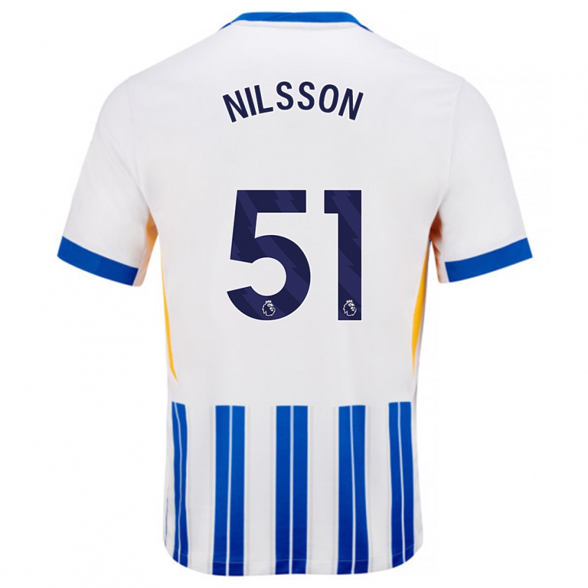 Homme Maillot Casper Nilsson #51 Blanc Bleu À Rayures Fines Tenues Domicile 2024/25 T-Shirt Belgique