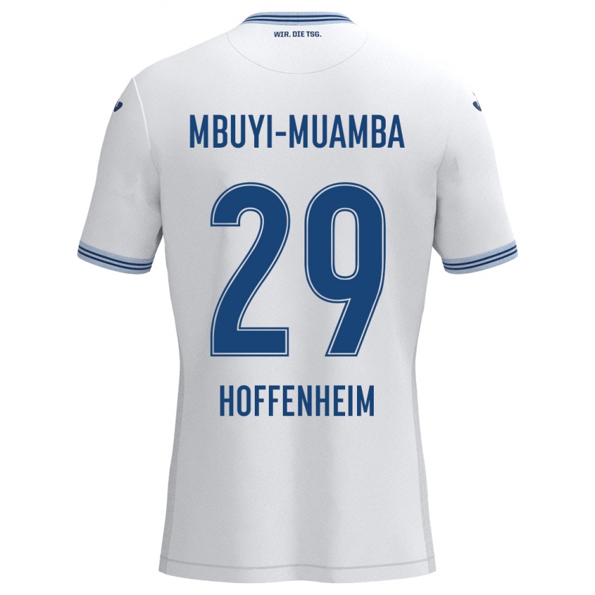 Homme Maillot Hubert Mbuyi-Muamba #29 Blanc Bleu Tenues Extérieur 2024/25 T-Shirt Belgique