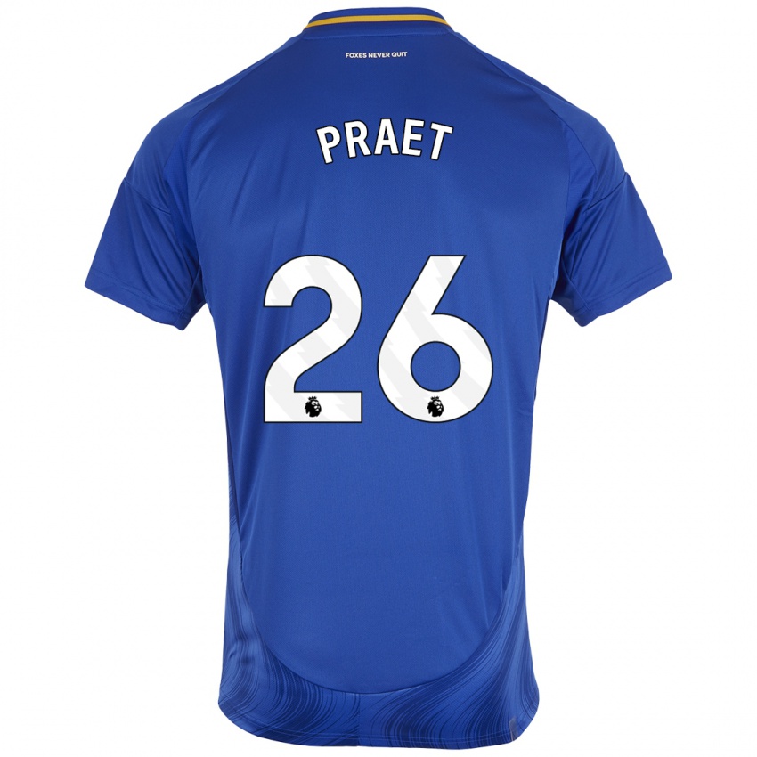 Femme Maillot Dennis Praet #26 Bleu Blanc Tenues Domicile 2024/25 T-Shirt Belgique