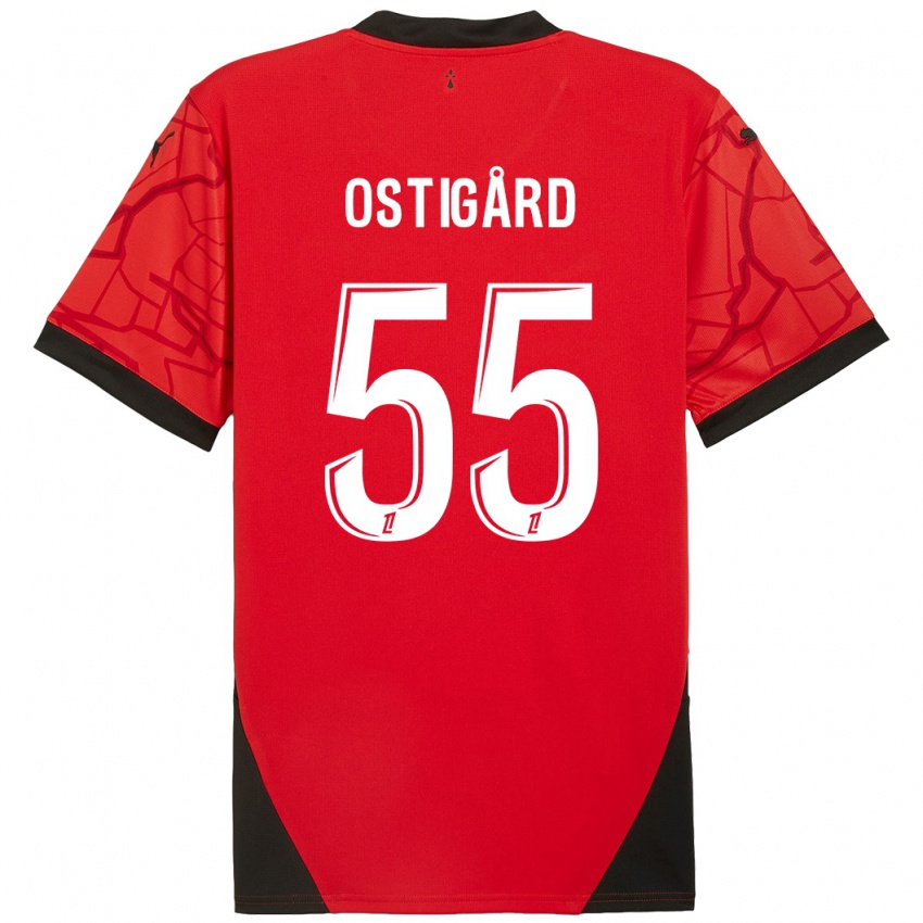 Enfant Maillot Leo Ostigard #55 Rouge Noir Tenues Domicile 2024/25 T-Shirt Belgique