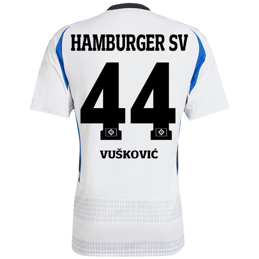 Enfant Maillot Mario Vuskovic #44 Blanc Bleu Tenues Domicile 2024/25 T-Shirt Belgique