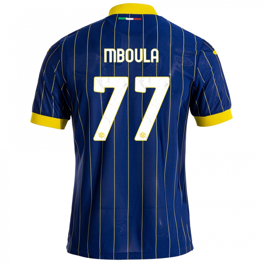 Enfant Maillot Jordi Mboula #77 Bleu Jaune Tenues Domicile 2024/25 T-Shirt Belgique