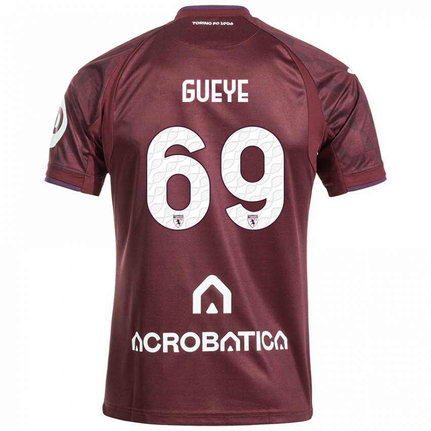 Enfant Maillot Ousmane Gueye #69 Bordeaux Blanc Tenues Domicile 2024/25 T-Shirt Belgique