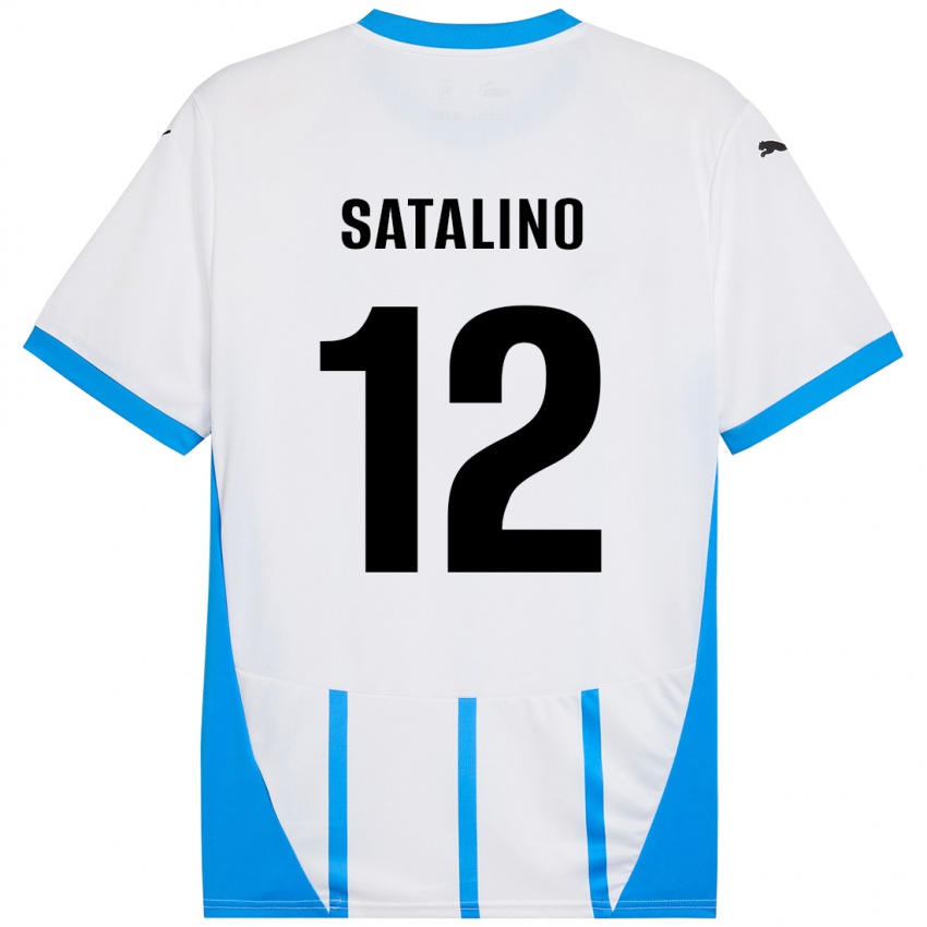 Enfant Maillot Giacomo Satalino #12 Blanc Bleu Tenues Extérieur 2024/25 T-Shirt Belgique