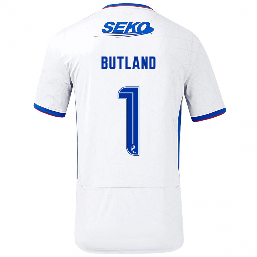 Enfant Maillot Jack Butland #1 Blanc Bleu Tenues Extérieur 2024/25 T-Shirt Belgique