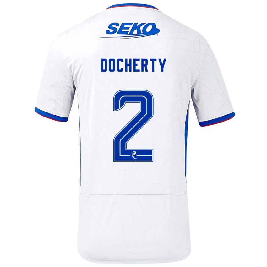 Enfant Maillot Nicola Docherty #2 Blanc Bleu Tenues Extérieur 2024/25 T-Shirt Belgique